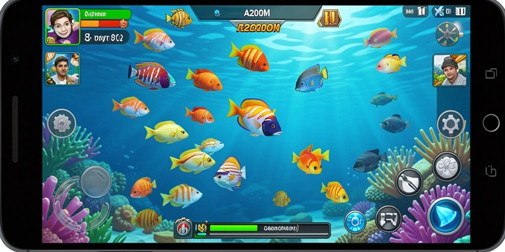 Tampilan gameplay A200M yang menampilkan aksi menembak ikan.