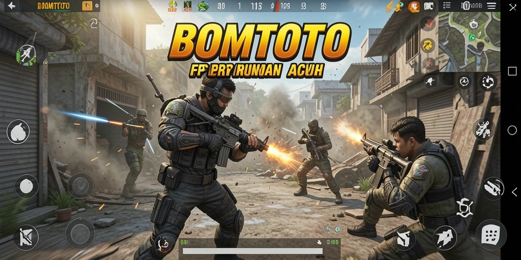 Screenshot utama BOMTOTO menampilkan pertempuran FPS yang seru
