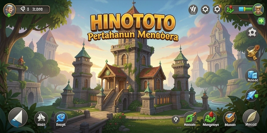 Screenshot gameplay HINOTOTO menampilkan menara dan musuh dalam pertarungan.