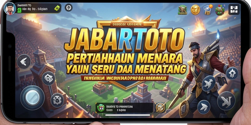 Screenshot utama JABARTOTO menunjukkan pertahanan menara yang strategis dan serangan musuh.