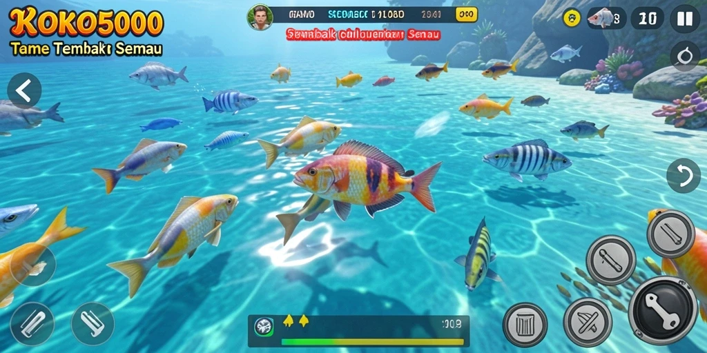 Tampilan gameplay seru KOKO5000 saat menembak ikan.