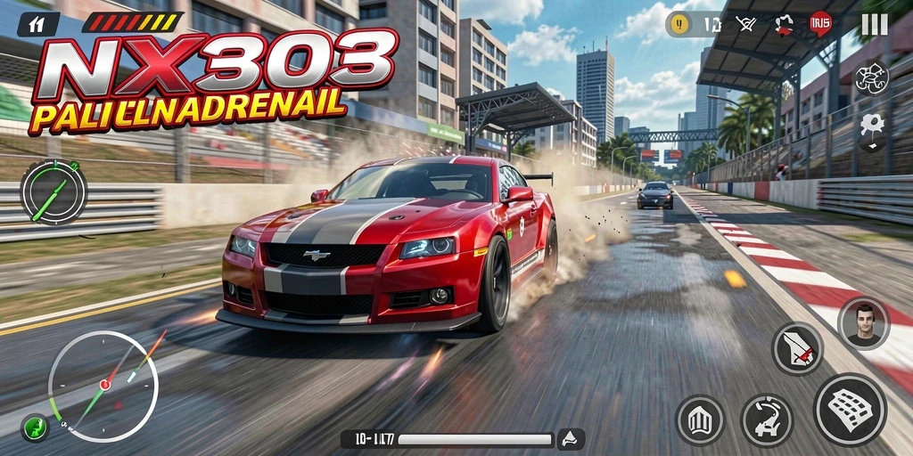 Tampilan gameplay balapan di NX303 dengan mobil yang melaju cepat.