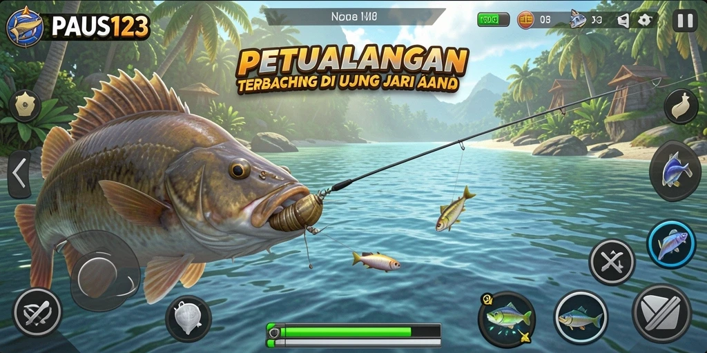Tampilan seru gameplay PAUS123 saat menangkap ikan.