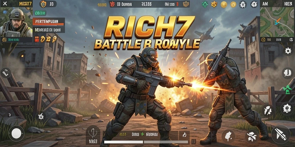 Screenshot RICH7 menampilkan aksi intens dalam pertempuran Battle Royale.