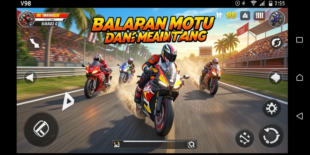Screenshot gameplay V98 menampilkan aksi balapan motor yang seru.
